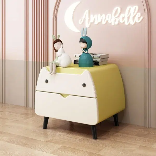 Contemporary Creative Microfiber Leather, Wood & Carbon Steel Cat-Shaped Nightstand With 2-Drawer For Kids' Bedroom - Image 18