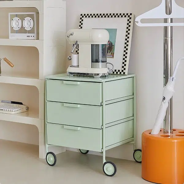 Contemporary Nordic Iron & ABS Rectangular Movable Side Table 3-Drawer For Bedroom & Living Room