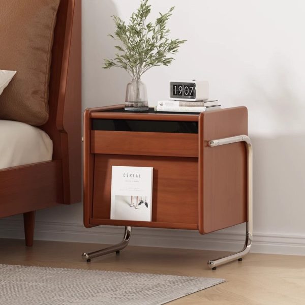 Traditional Vintage Wood, Rock Slab & Stainless Steel Rectangular Nightstand With 2-Drawer For Bedroom - Image 3