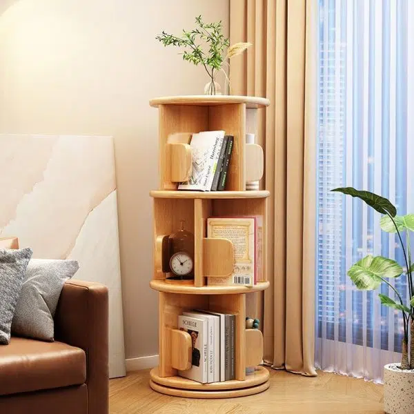 Modern Minimalist Solid Wood Round Cylinder Rotating Bookshelf 2/3/4/5 Tier For Home Office And Living Room - Image 17