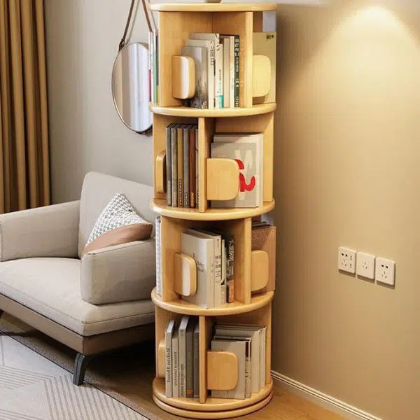 Modern Minimalist Solid Wood Round Cylinder Rotating Bookshelf 2/3/4/5 Tier For Home Office And Living Room - Image 25