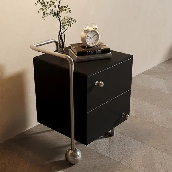 Contemporary Nordic Wood & Stainless Steel Square Nightstand With 2 Drawers For Bedroom & Living Room - Image 11