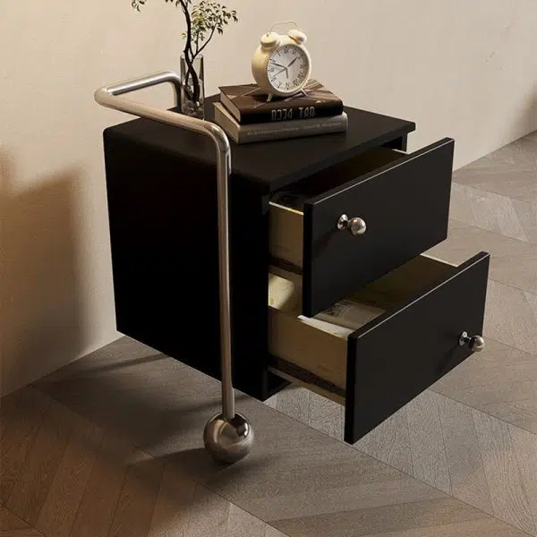 Contemporary Nordic Wood & Stainless Steel Square Nightstand With 2 Drawers For Bedroom & Living Room - Image 10