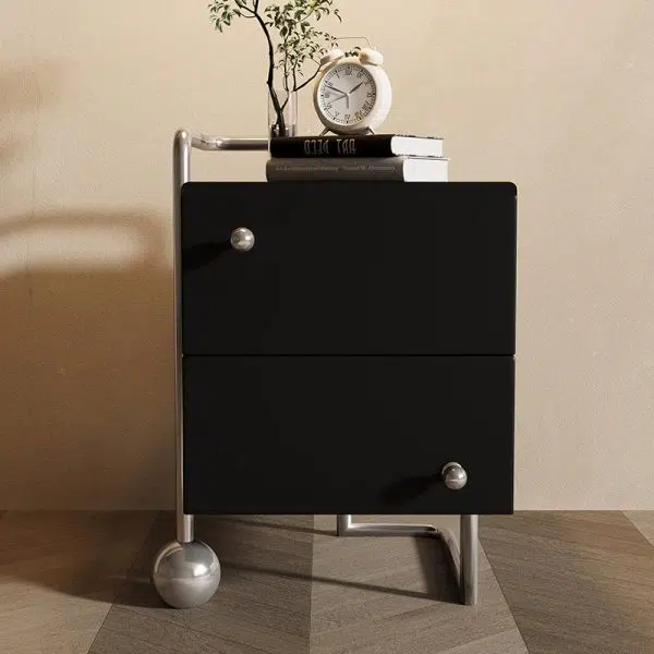 Contemporary Nordic Wood & Stainless Steel Square Nightstand With 2 Drawers For Bedroom & Living Room - Image 2