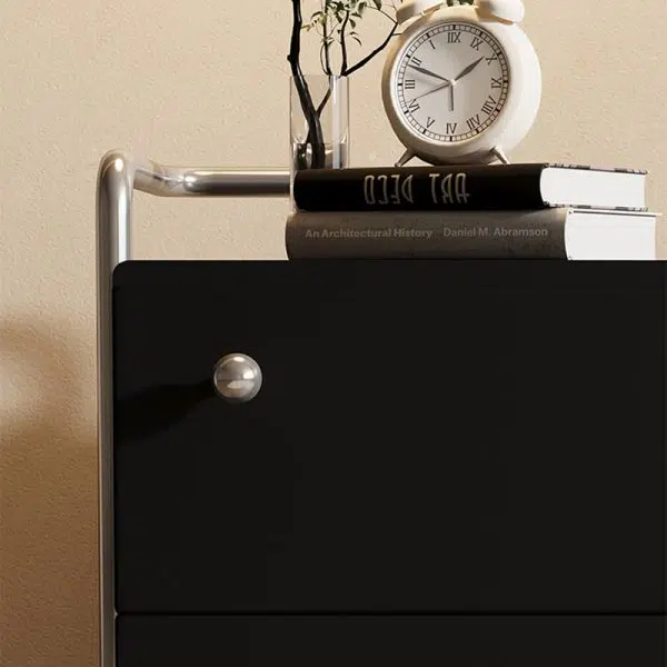 Contemporary Nordic Wood & Stainless Steel Square Nightstand With 2 Drawers For Bedroom & Living Room - Image 6