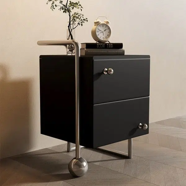 Contemporary Nordic Wood & Stainless Steel Square Nightstand With 2 Drawers For Bedroom & Living Room - Image 3