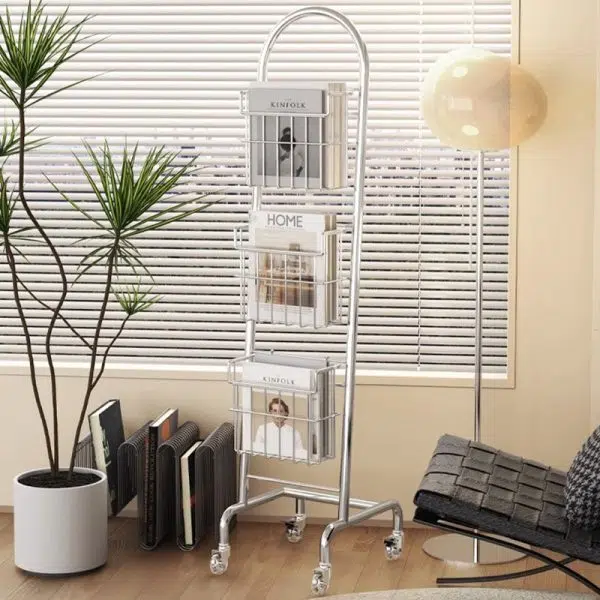 Modern Minimalist Stainless Steel Rectangular Bookshelf With 3-Tier Storage For Home Office & Living Room