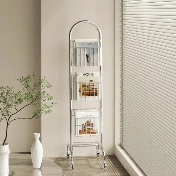 Modern Minimalist Stainless Steel Rectangular Bookshelf With 3-Tier Storage For Home Office & Living Room - Image 2