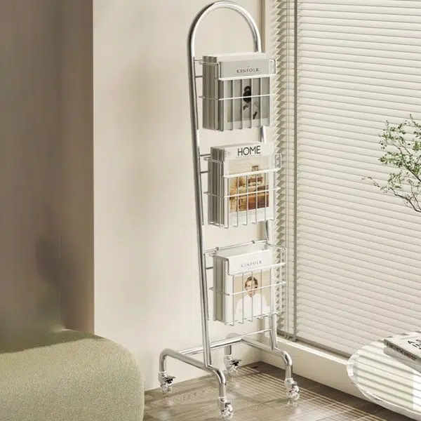 Modern Minimalist Stainless Steel Rectangular Bookshelf With 3-Tier Storage For Home Office & Living Room - Image 3