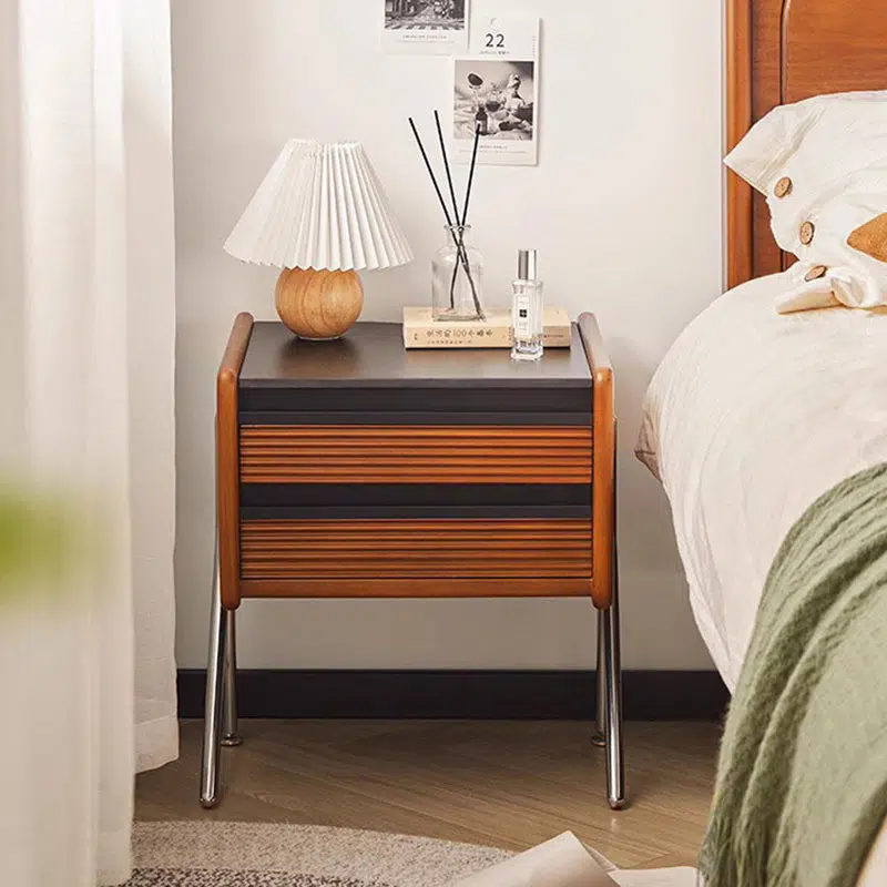 DFM-Table-BM01485-1.jpg Contemporary Nordic Rock Slab, Pine, Boxwood & Stainless Steel Square Nightstand With 2-Drawers For Bedroom & Living Room - Image 1