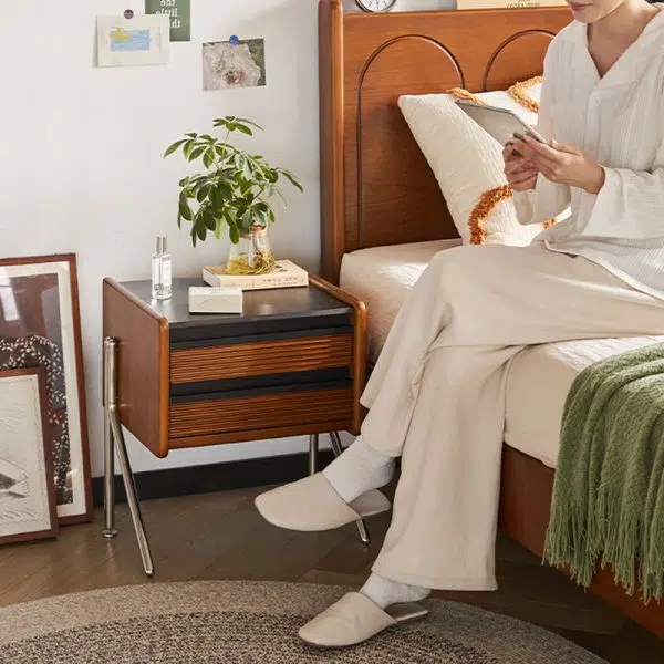 Contemporary Nordic Rock Slab, Pine, Boxwood & Stainless Steel Square Nightstand With 2-Drawers For Bedroom & Living Room - Image 14