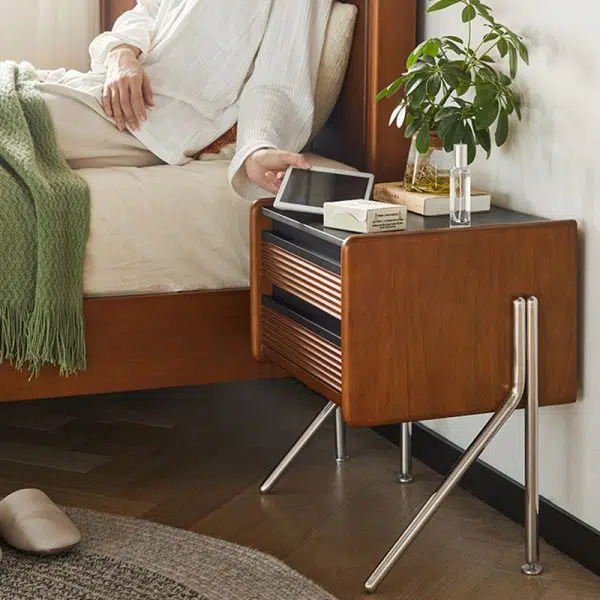 Contemporary Nordic Rock Slab, Pine, Boxwood & Stainless Steel Square Nightstand With 2-Drawers For Bedroom & Living Room - Image 12