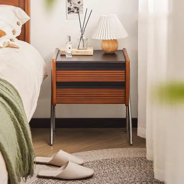 Contemporary Nordic Rock Slab, Pine, Boxwood & Stainless Steel Square Nightstand With 2-Drawers For Bedroom & Living Room - Image 16