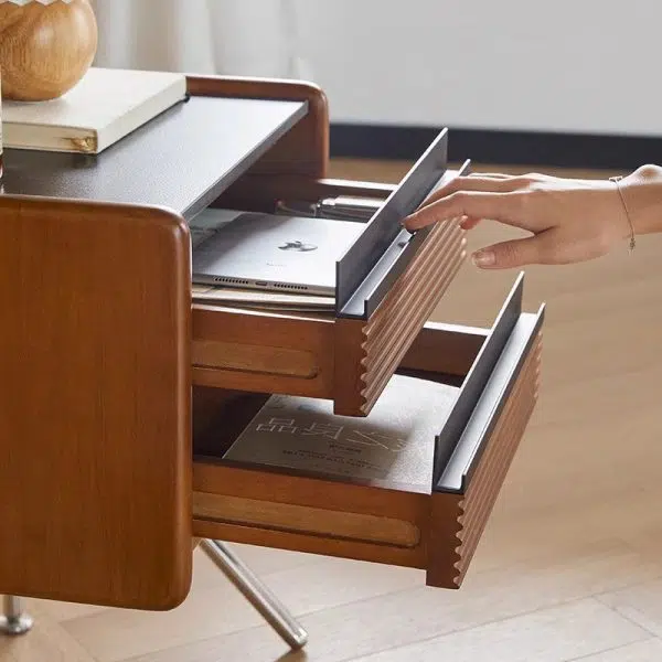 Contemporary Nordic Rock Slab, Pine, Boxwood & Stainless Steel Square Nightstand With 2-Drawers For Bedroom & Living Room - Image 7