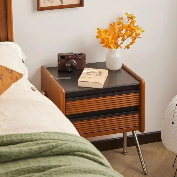 Contemporary Nordic Rock Slab, Pine, Boxwood & Stainless Steel Square Nightstand With 2-Drawers For Bedroom & Living Room - Image 18