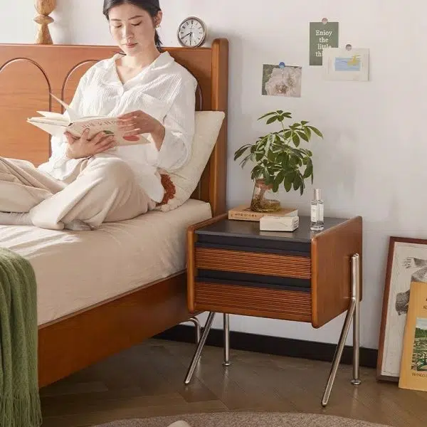 Contemporary Nordic Rock Slab, Pine, Boxwood & Stainless Steel Square Nightstand With 2-Drawers For Bedroom & Living Room - Image 17