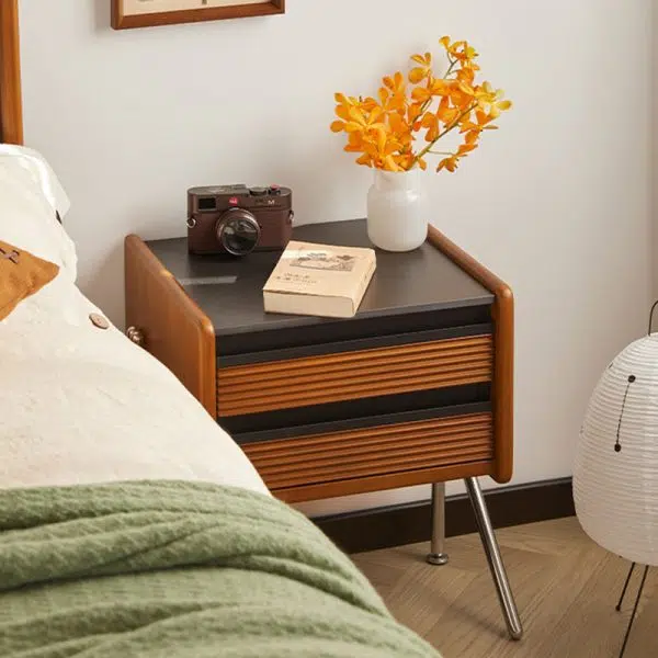 Contemporary Nordic Rock Slab, Pine, Boxwood & Stainless Steel Square Nightstand With 2-Drawers For Bedroom & Living Room - Image 3