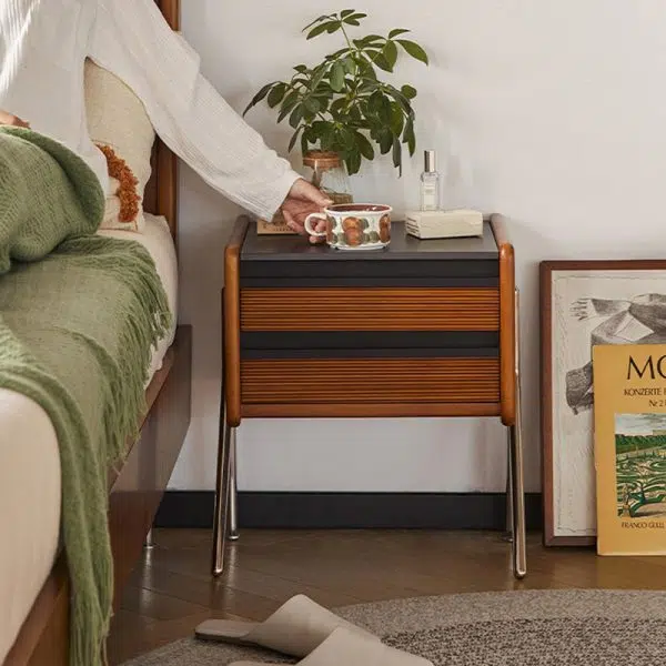 Contemporary Nordic Rock Slab, Pine, Boxwood & Stainless Steel Square Nightstand With 2-Drawers For Bedroom & Living Room - Image 2