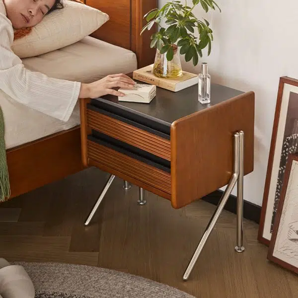 Contemporary Nordic Rock Slab, Pine, Boxwood & Stainless Steel Square Nightstand With 2-Drawers For Bedroom & Living Room - Image 11