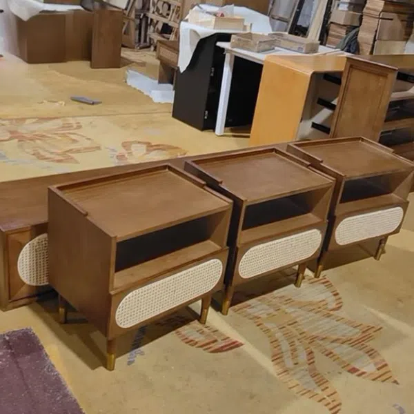 Contemporary Nordic Wood & Rattan Square Nightstand With 1-Drawer For Bedroom & Living Room - Image 12