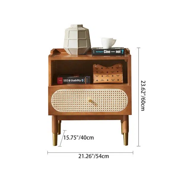 Contemporary Nordic Wood & Rattan Square Nightstand With 1-Drawer For Bedroom & Living Room - Image 4