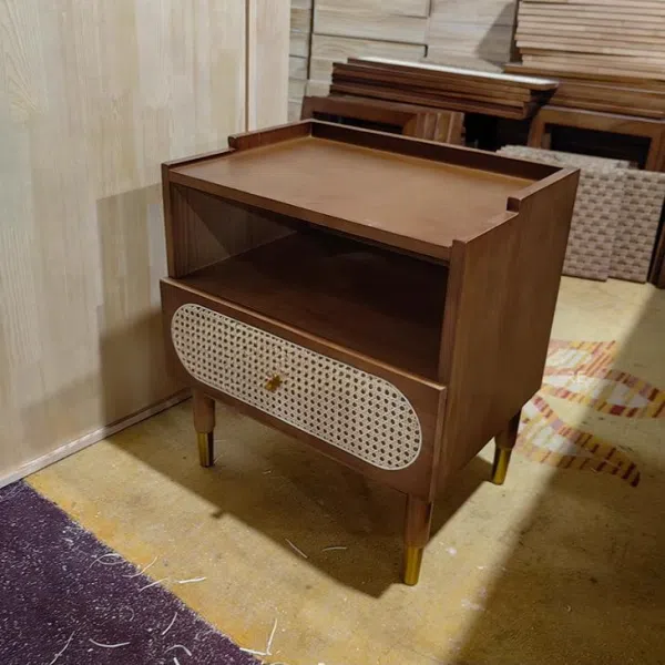 Contemporary Nordic Wood & Rattan Square Nightstand With 1-Drawer For Bedroom & Living Room - Image 13