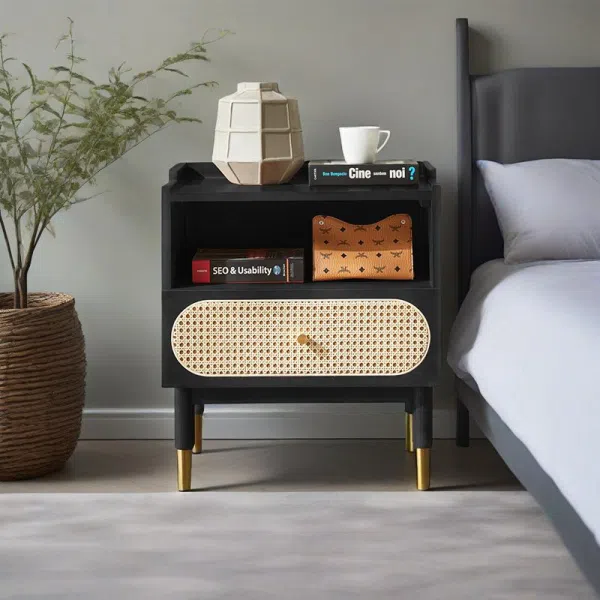 Contemporary Nordic Wood & Rattan Square Nightstand With 1-Drawer For Bedroom & Living Room - Image 9