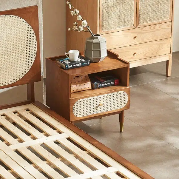 Contemporary Nordic Wood & Rattan Square Nightstand With 1-Drawer For Bedroom & Living Room - Image 10