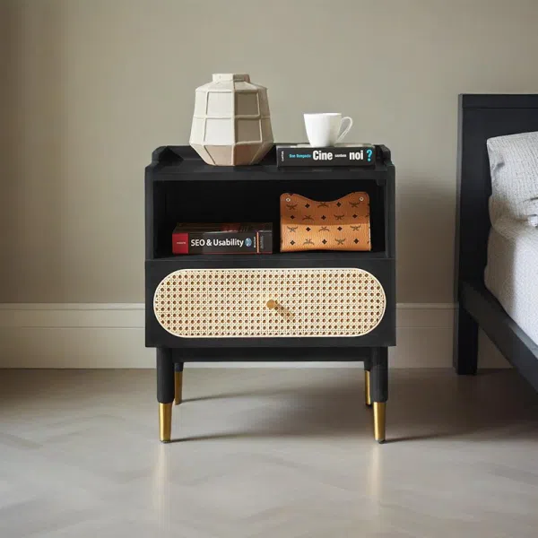 Contemporary Nordic Wood & Rattan Square Nightstand With 1-Drawer For Bedroom & Living Room - Image 2