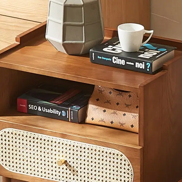 Contemporary Nordic Wood & Rattan Square Nightstand With 1-Drawer For Bedroom & Living Room - Image 6