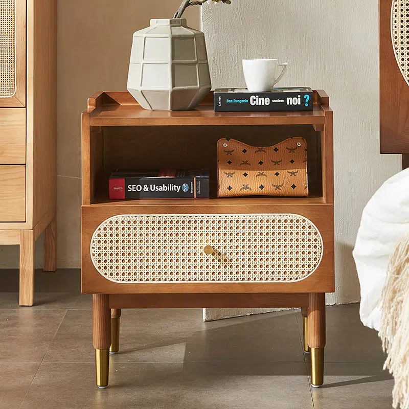 DFM-Table-BM01535-6.jpg Contemporary Nordic Wood & Rattan Square Nightstand With 1-Drawer For Bedroom & Living Room - Image 1