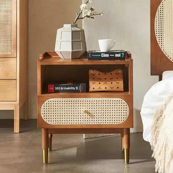 Contemporary Nordic Wood & Rattan Square Nightstand With 1-Drawer For Bedroom & Living Room - Image 3