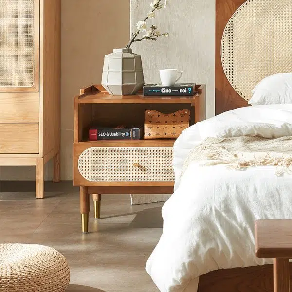 Contemporary Nordic Wood & Rattan Square Nightstand With 1-Drawer For Bedroom & Living Room - Image 7