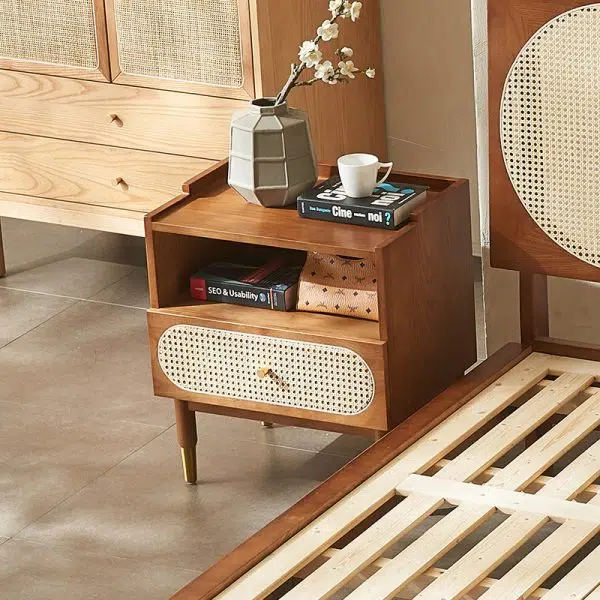 Contemporary Nordic Wood & Rattan Square Nightstand With 1-Drawer For Bedroom & Living Room - Image 8