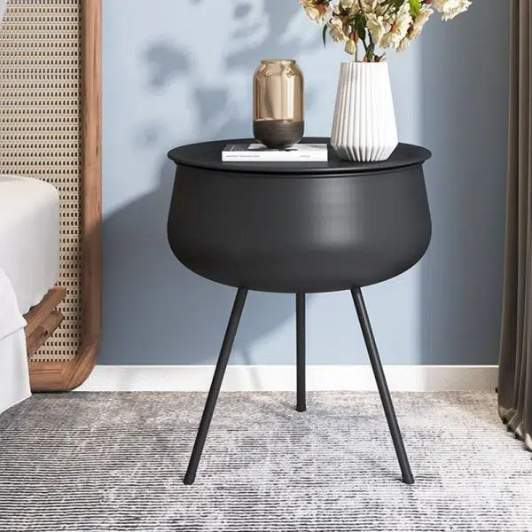 Contemporary Nordic Iron Round Nightstand With 1-Storage For Bedroom And Living Room