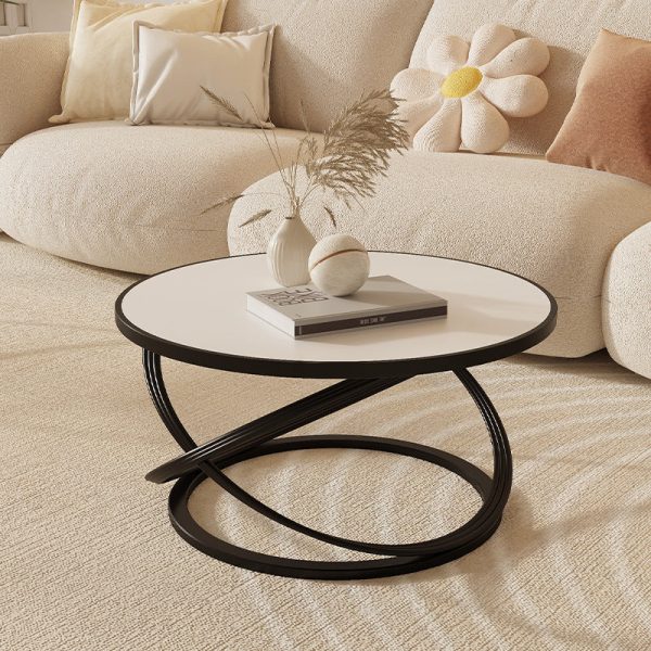 Contemporary Nordic Rock Slab & Iron Round Top X-Base Coffee Table For Living Room And Bedroom - Image 8
