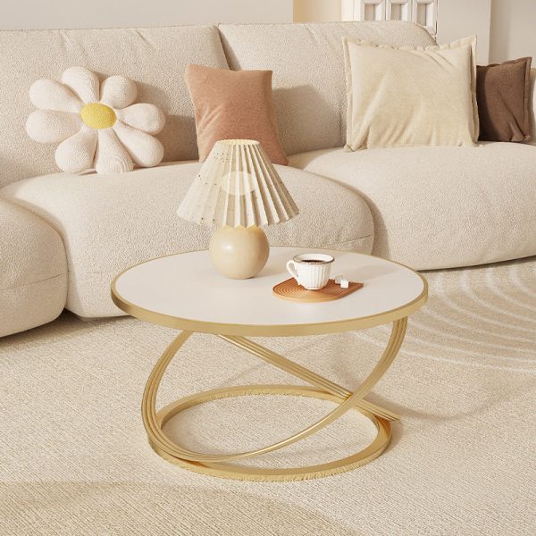 Contemporary Nordic Rock Slab & Iron Round Top X-Base Coffee Table For Living Room And Bedroom - Image 11