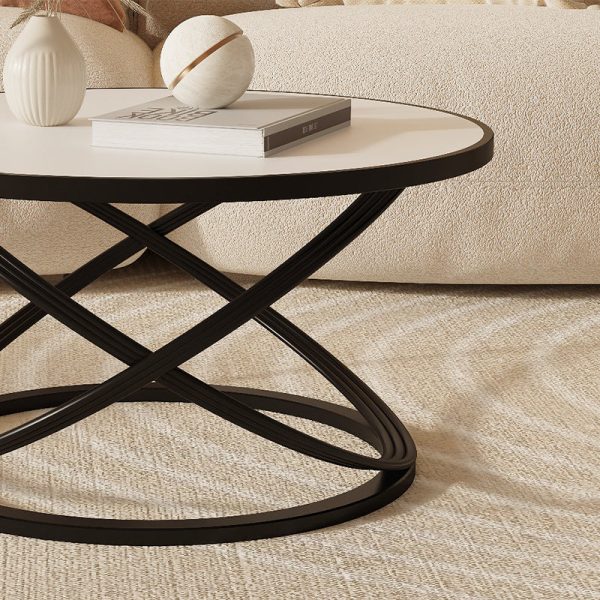 Contemporary Nordic Rock Slab & Iron Round Top X-Base Coffee Table For Living Room And Bedroom - Image 7