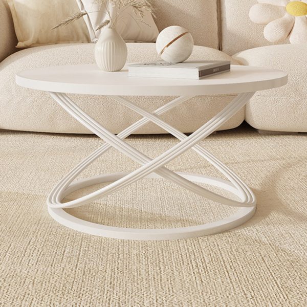 Contemporary Nordic Rock Slab & Iron Round Top X-Base Coffee Table For Living Room And Bedroom - Image 9