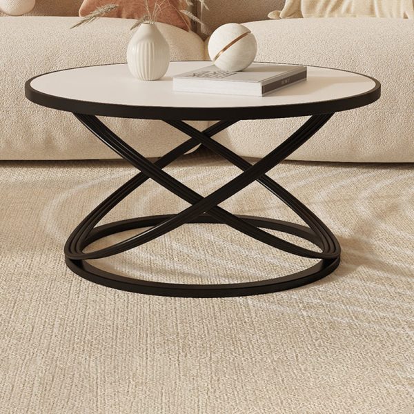 Contemporary Nordic Rock Slab & Iron Round Top X-Base Coffee Table For Living Room And Bedroom - Image 10