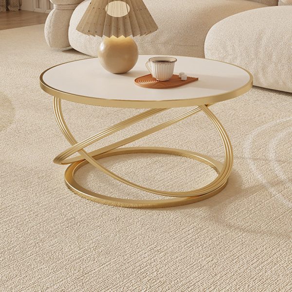 Contemporary Nordic Rock Slab & Iron Round Top X-Base Coffee Table For Living Room And Bedroom - Image 3