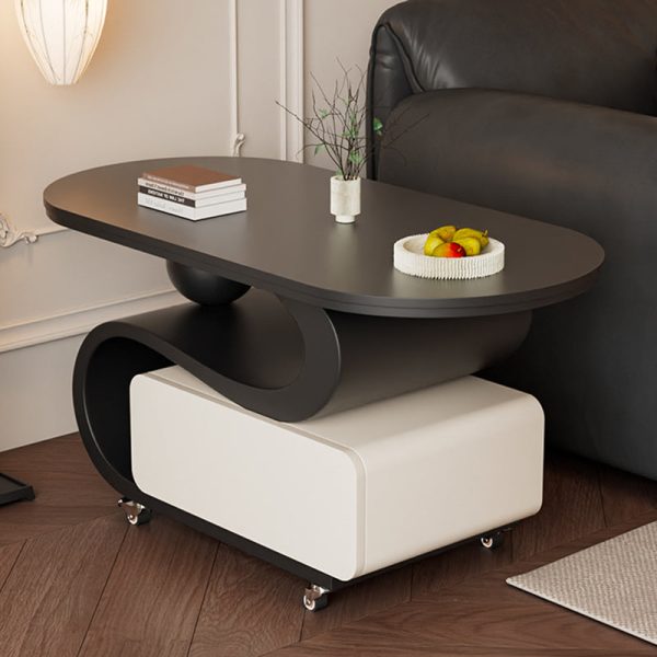 Contemporary Nordic Rock Slab & Carbon Steel Oval Coffee Table With 1-Drawer For Living Room And Bedroom - Image 7