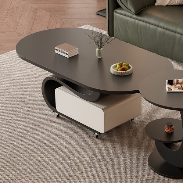 Contemporary Nordic Rock Slab & Carbon Steel Oval Coffee Table With 1-Drawer For Living Room And Bedroom - Image 8