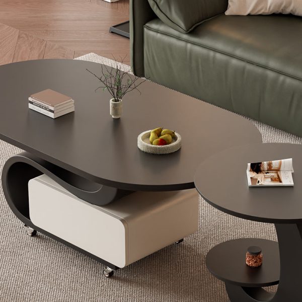 Contemporary Nordic Rock Slab & Carbon Steel Oval Coffee Table With 1-Drawer For Living Room And Bedroom - Image 9