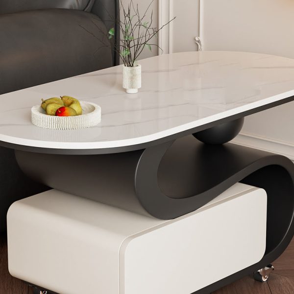 Contemporary Nordic Rock Slab & Carbon Steel Oval Coffee Table With 1-Drawer For Living Room And Bedroom - Image 6