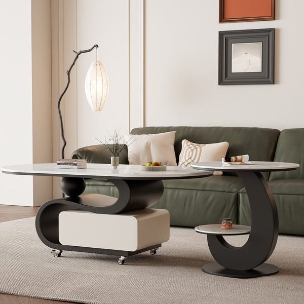 Contemporary Nordic Rock Slab & Carbon Steel Oval Coffee Table With 1-Drawer For Living Room And Bedroom - Image 11