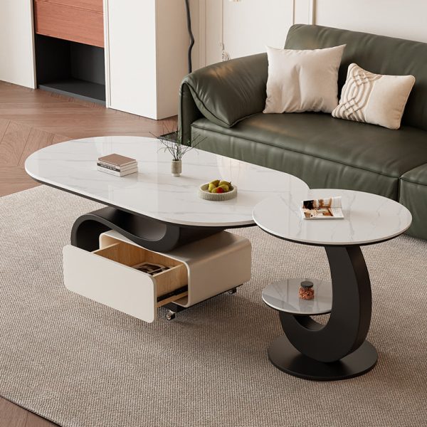 Contemporary Nordic Rock Slab & Carbon Steel Oval Coffee Table With 1-Drawer For Living Room And Bedroom - Image 12