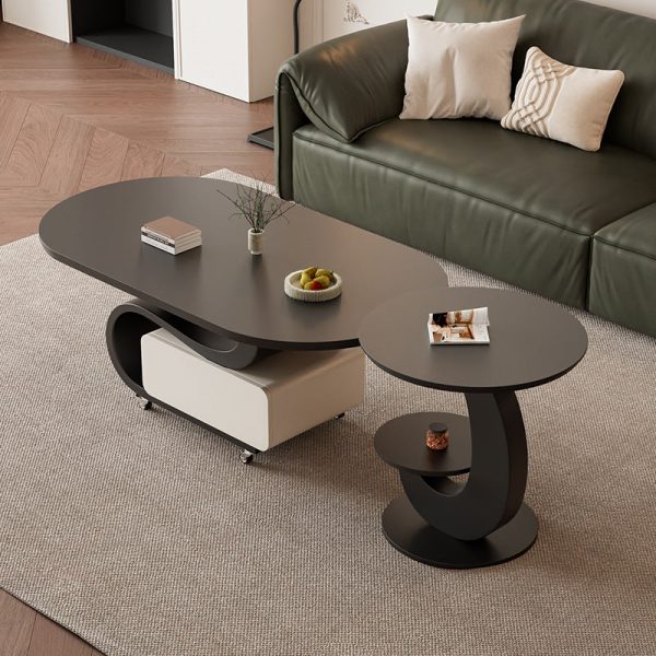 Contemporary Nordic Rock Slab & Carbon Steel Oval Coffee Table With 1-Drawer For Living Room And Bedroom - Image 13