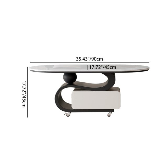 Contemporary Nordic Rock Slab & Carbon Steel Oval Coffee Table With 1-Drawer For Living Room And Bedroom - Image 4