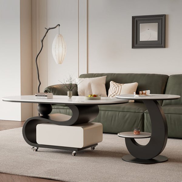 Contemporary Nordic Rock Slab & Carbon Steel Oval Coffee Table With 1-Drawer For Living Room And Bedroom - Image 3